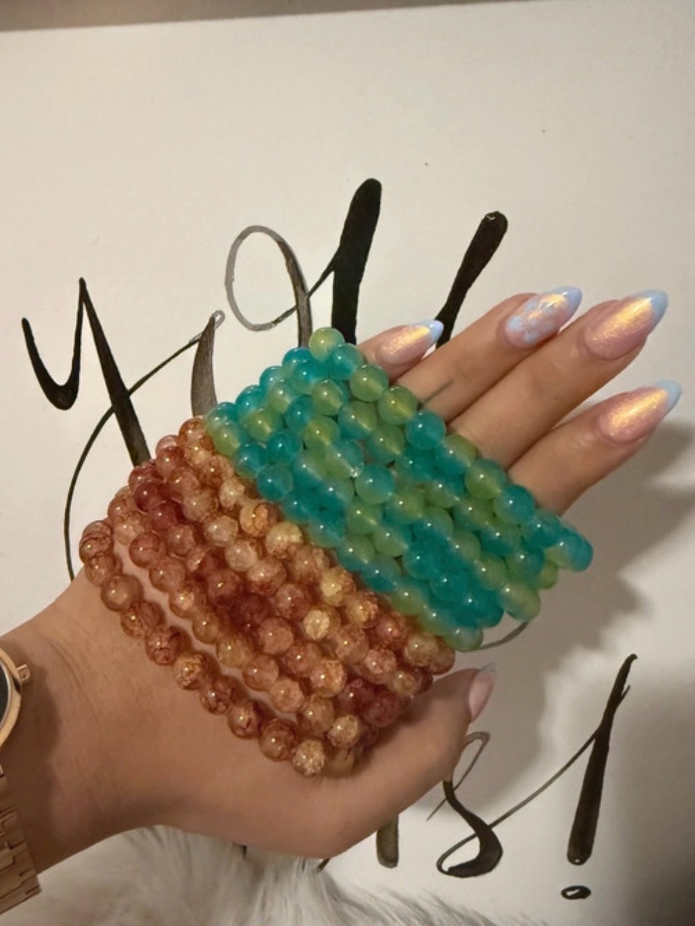 Handmade Blue & Green and Gold Beaded Stretch Bracelets - Women Jewelry